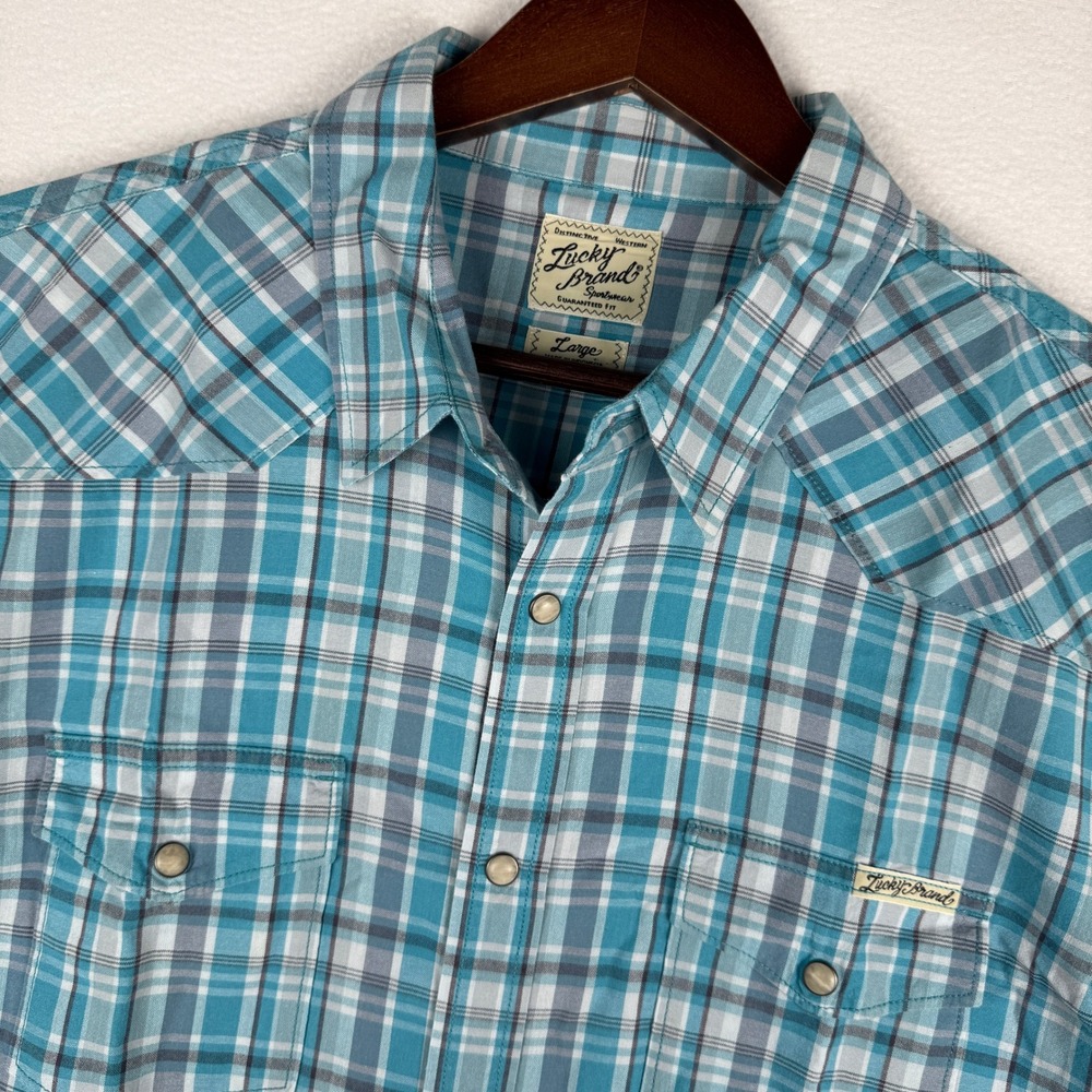 Lucky Brand Western Shirt Mens Large Blue Plaid Short Sleeve Pearl Snap Yoke